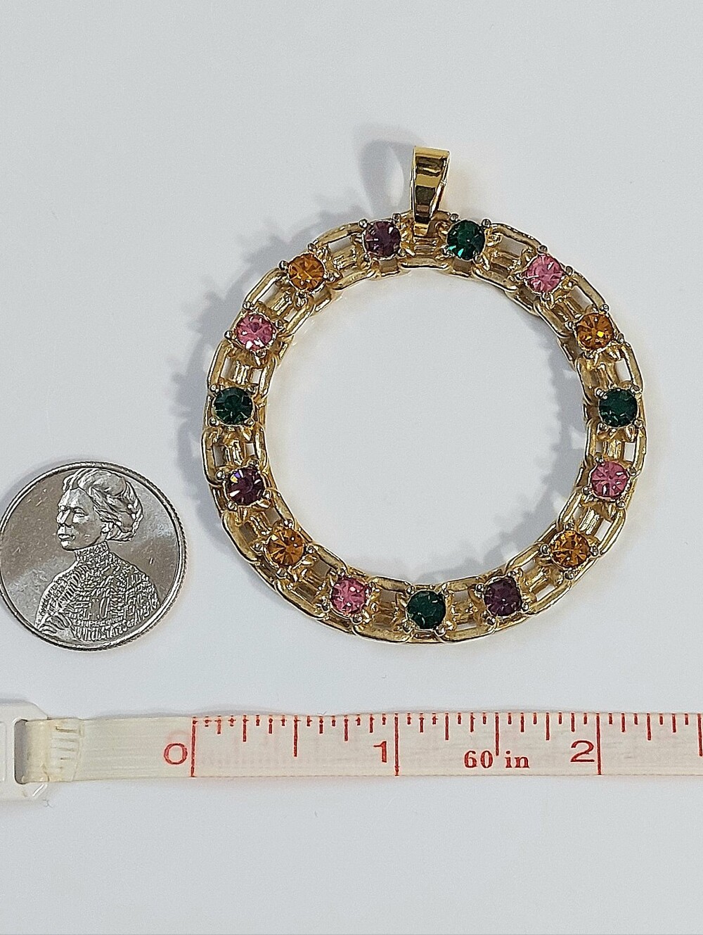 Vintage Gold Multicolor Gemstone Circle Pendant - Women Jewelry - Picture 3 of 6